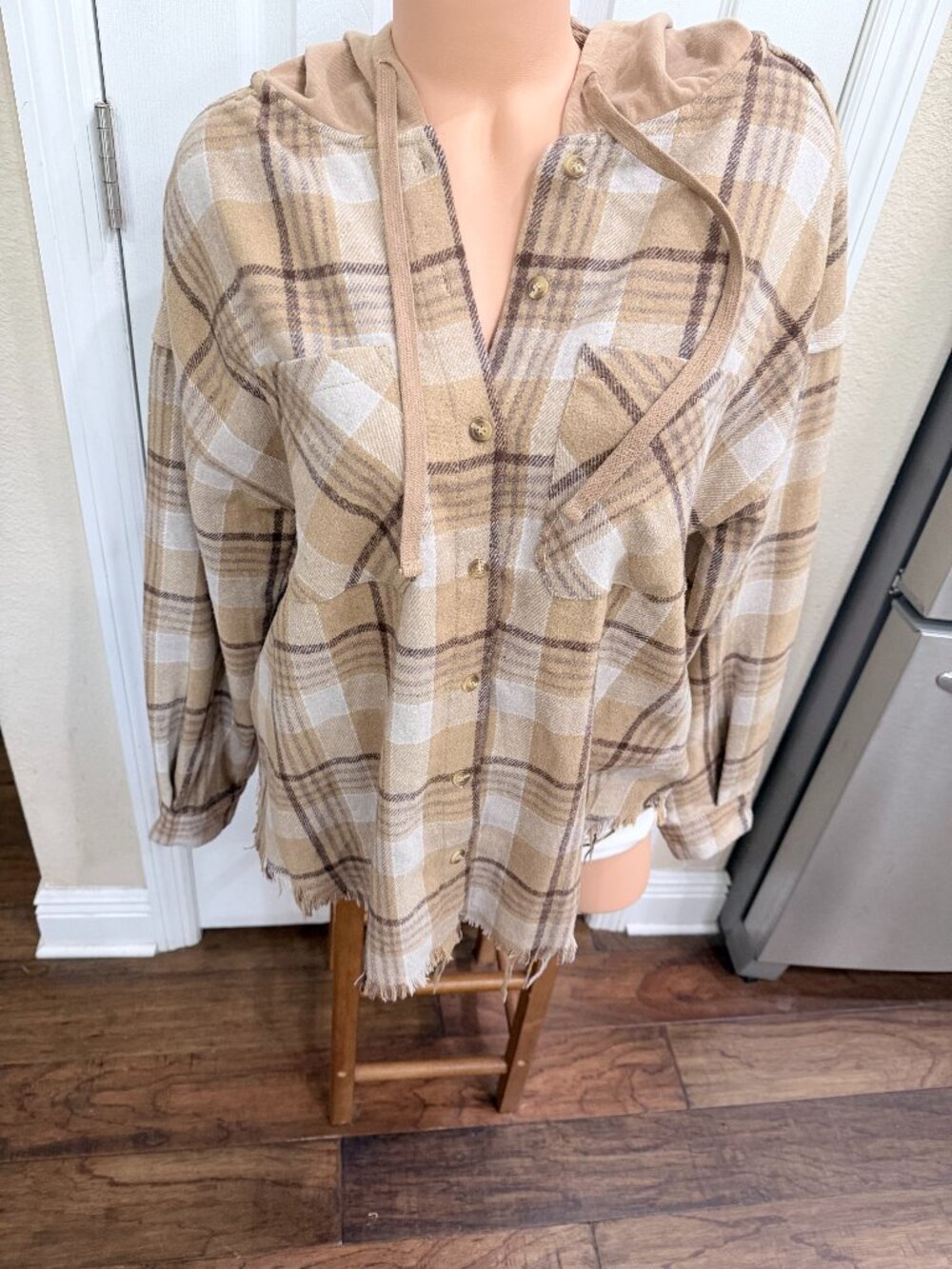 Altar'd State M Hooded Plaid Flannel Shacket Tan Cream Raw Hem